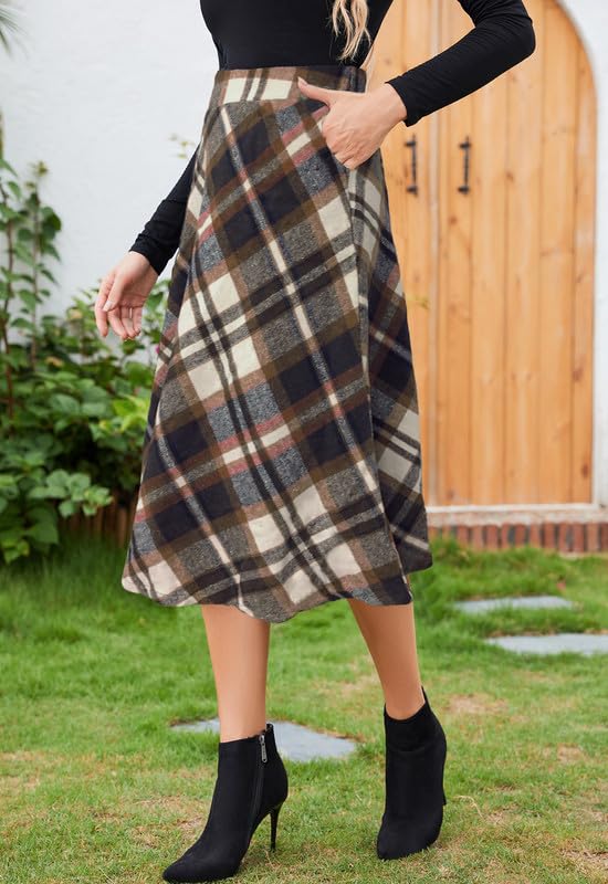 Alaster Queen Gonna lunga da donna, a quadri, con tasche invernali, vita alta elastica