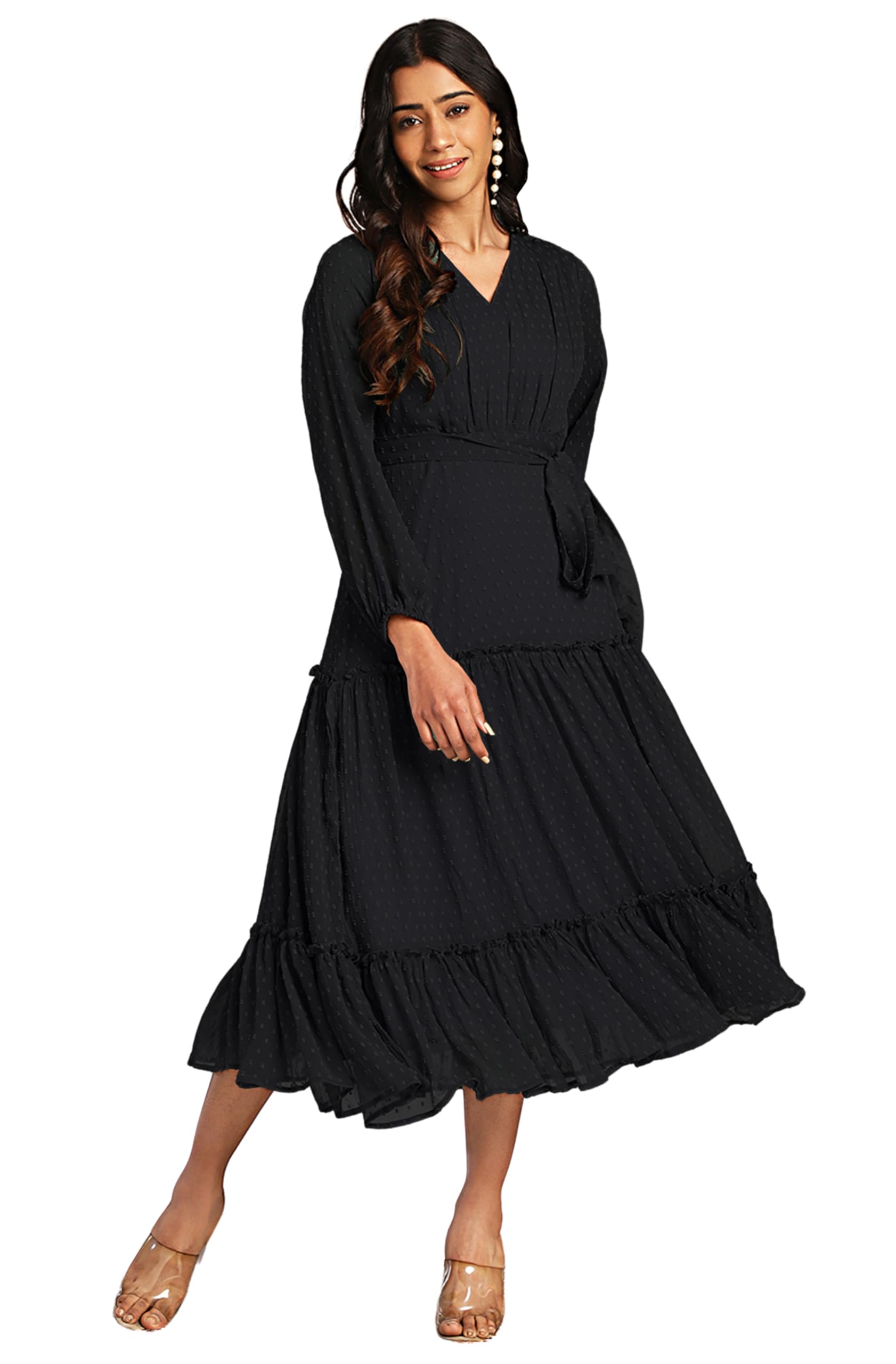 Women'S Dobby Chiffon Woven Design Tiered Dress-image-2