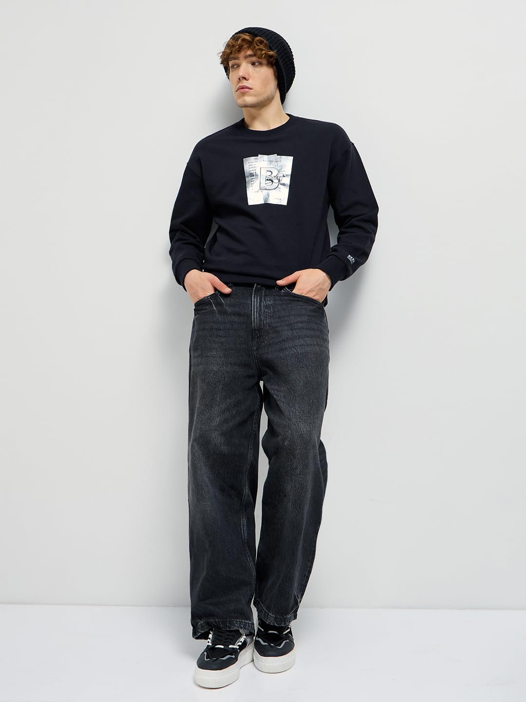 THE BEAR HOUSE Men Graphic Printed Round Neck Cotton Pullover Sweatshirt Black 2