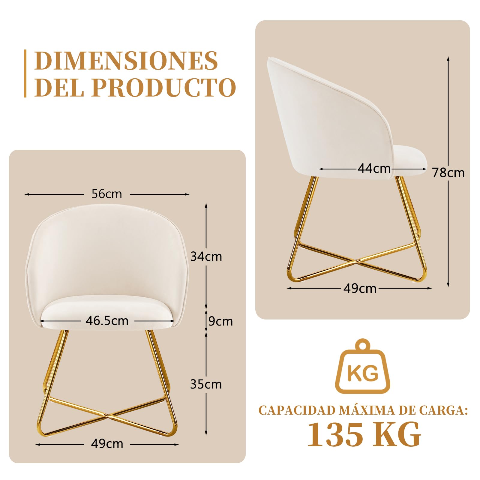 Hellove Silla para Tocador Maquillaje with Gold Metal Legs, Butaca Dormitorio con Respaldo Curvado, Silla Ocio, Sillón de Hogar Moderno, Tapizada Terciopelo para Sala de Estar/Salon, Beige