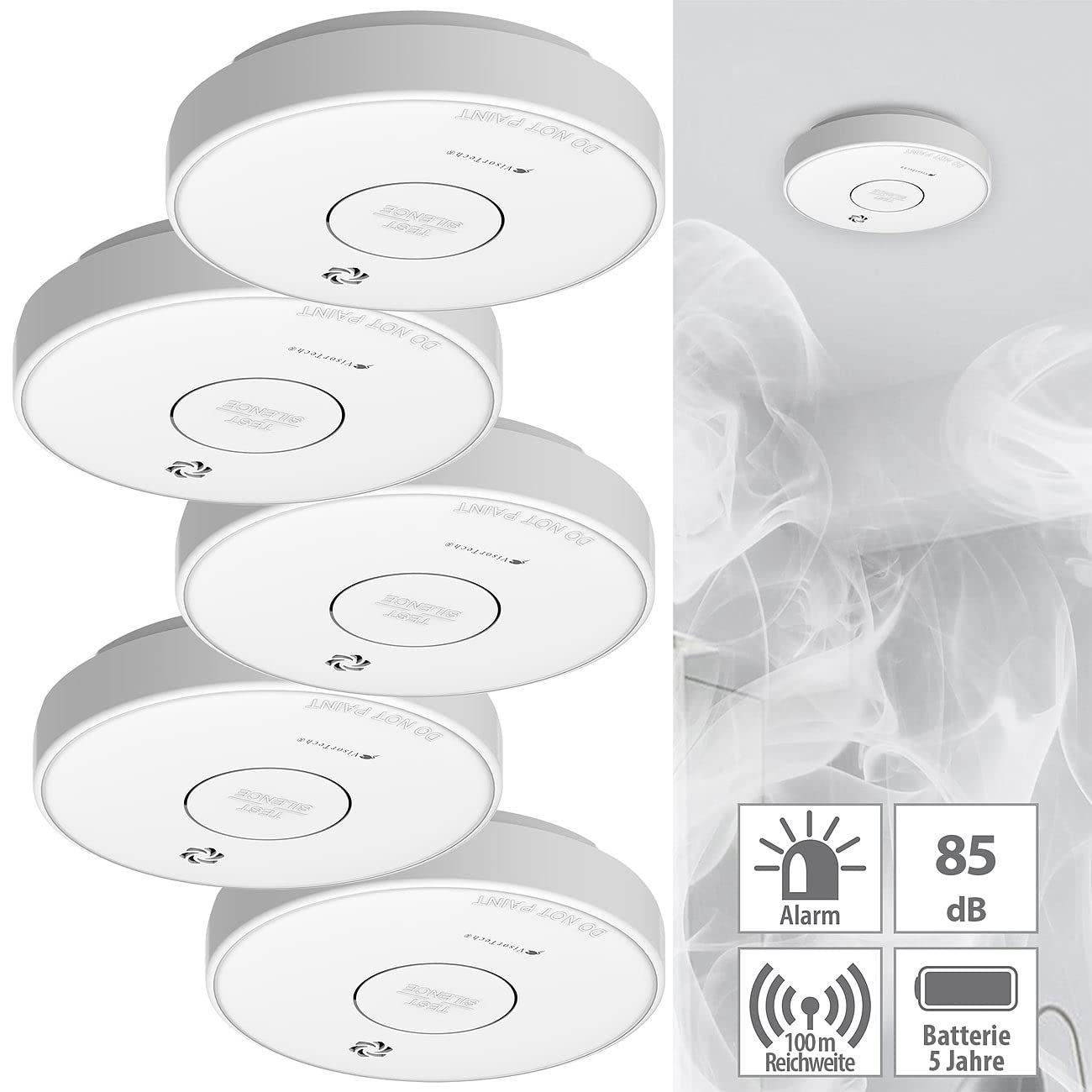 VisorTech Rauchmelder vernetzbar: 5er-Set drahtlos vernetzbare Funk-Rauchwarnmelder, 85 dB (Rauchmelder Funkvernetzbare, Funkgesteuerte, vernetzt)
