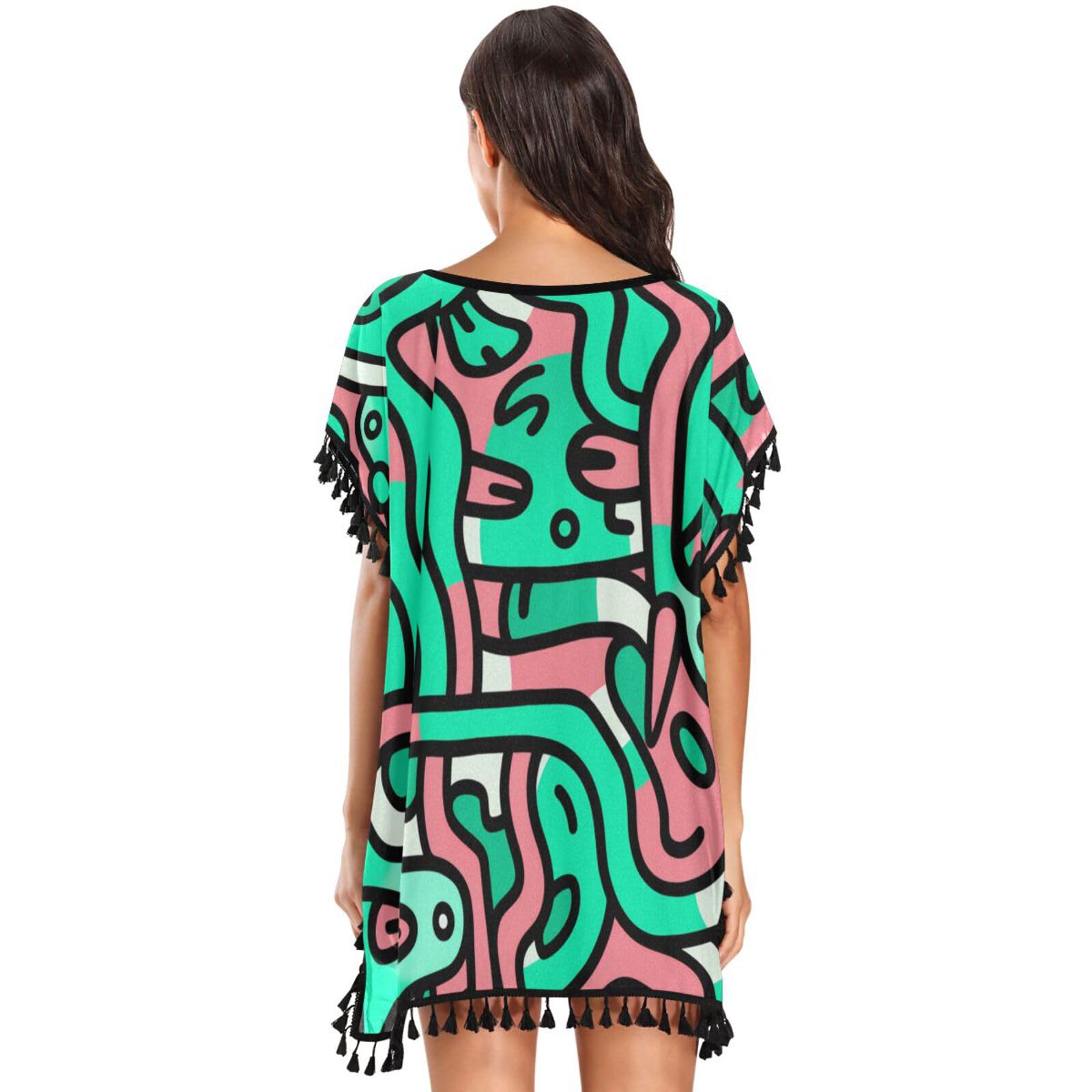 Doodle Art Abstract Animal Women's Beach Cover Up Chiffon Tassel Swimwear Swimsuit Coverups for Girl