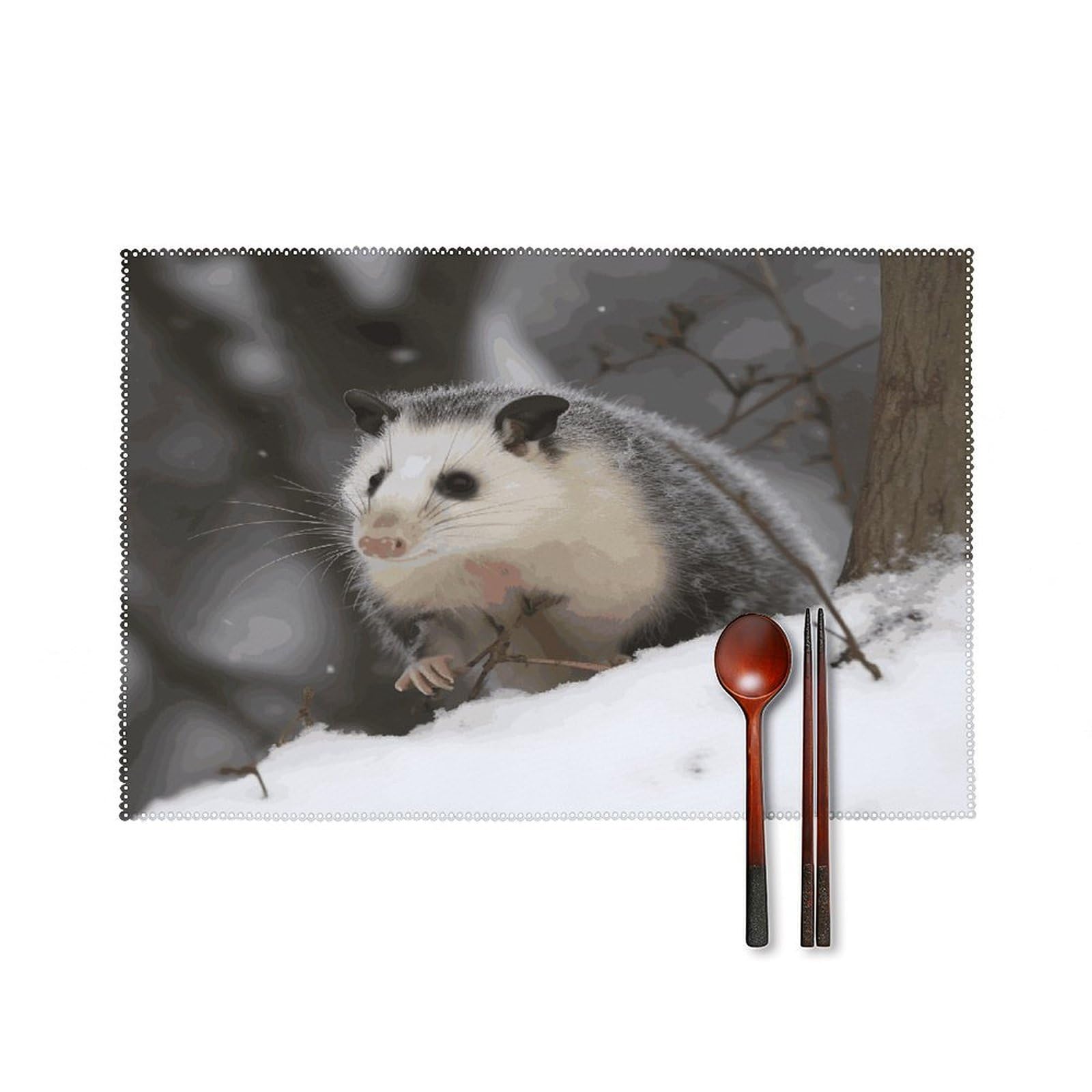 Opossum in Snow Placemats Set of 4 Canvas Place Mats Non-Slip Heat Resistant Table Mats Washable Waterproof Placemat Wipeable Tablemats for Kitchen Dining Decor Place Mat