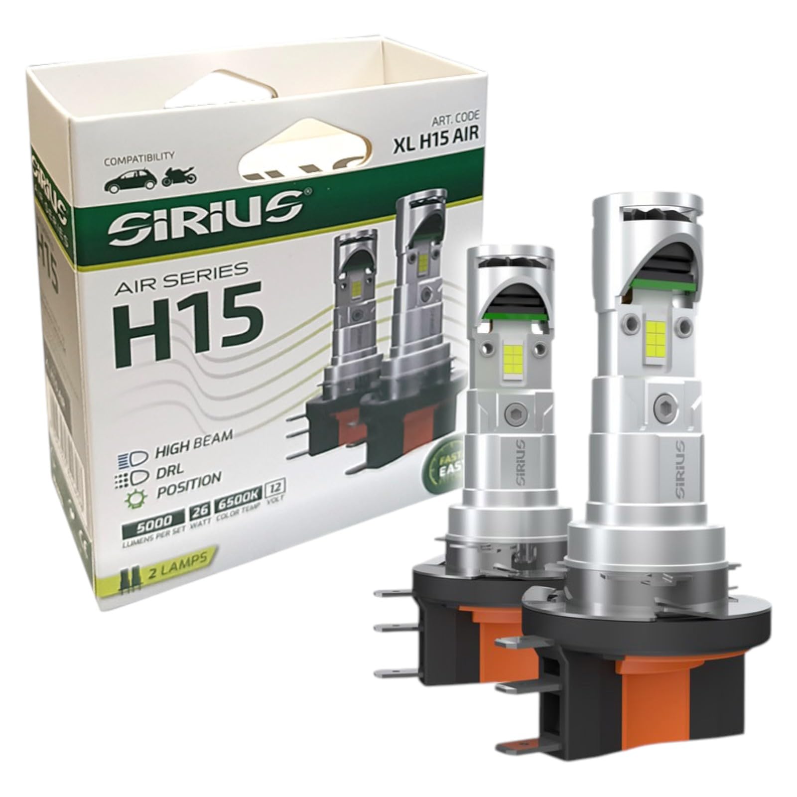 Sirius Coppia Lampadine LED H15 per Luci Diurne DRL e Abbaglianti 12V 6500K - Kit con Ventola di Raffreddamento Integrata - Compatibile, Non Originale