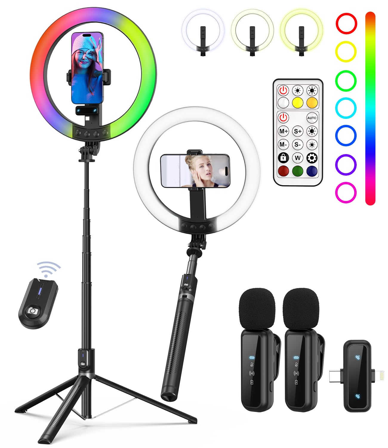 Yeaki Kit vlogging per iPhone/Android – Anello luminoso per selfie da 10 pollici con treppiede da 188 cm e supporto per telefono, treppiede per iPhone con luce e microfono, YouTube Starter Kit per