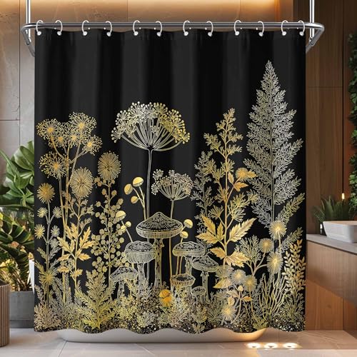 Kanuyee Gold Botanical Shower Curtain Set, Water-Repellent Bathroom Decor with