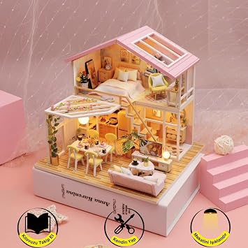 Minyatür Ev Yapma Seti – LED Işıklı Ahşap DIY Maket – Kendin Yap Balkonlu Ev Modeli – Yetişkinler İçin Dekoratif Hediye Seti