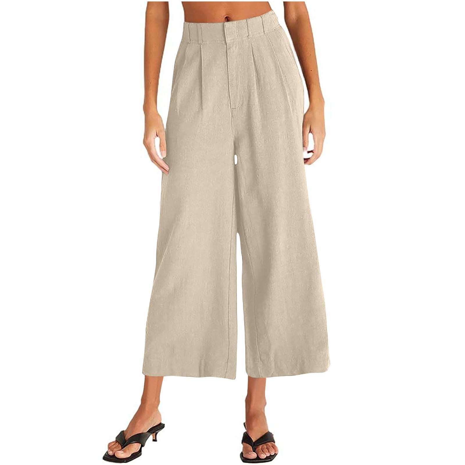 Womens Cottom Linen Wide Leg Pants Casual High Waisted Drawstring Baggy Cropped Trousers Summer Loose Beach Pant Khaki