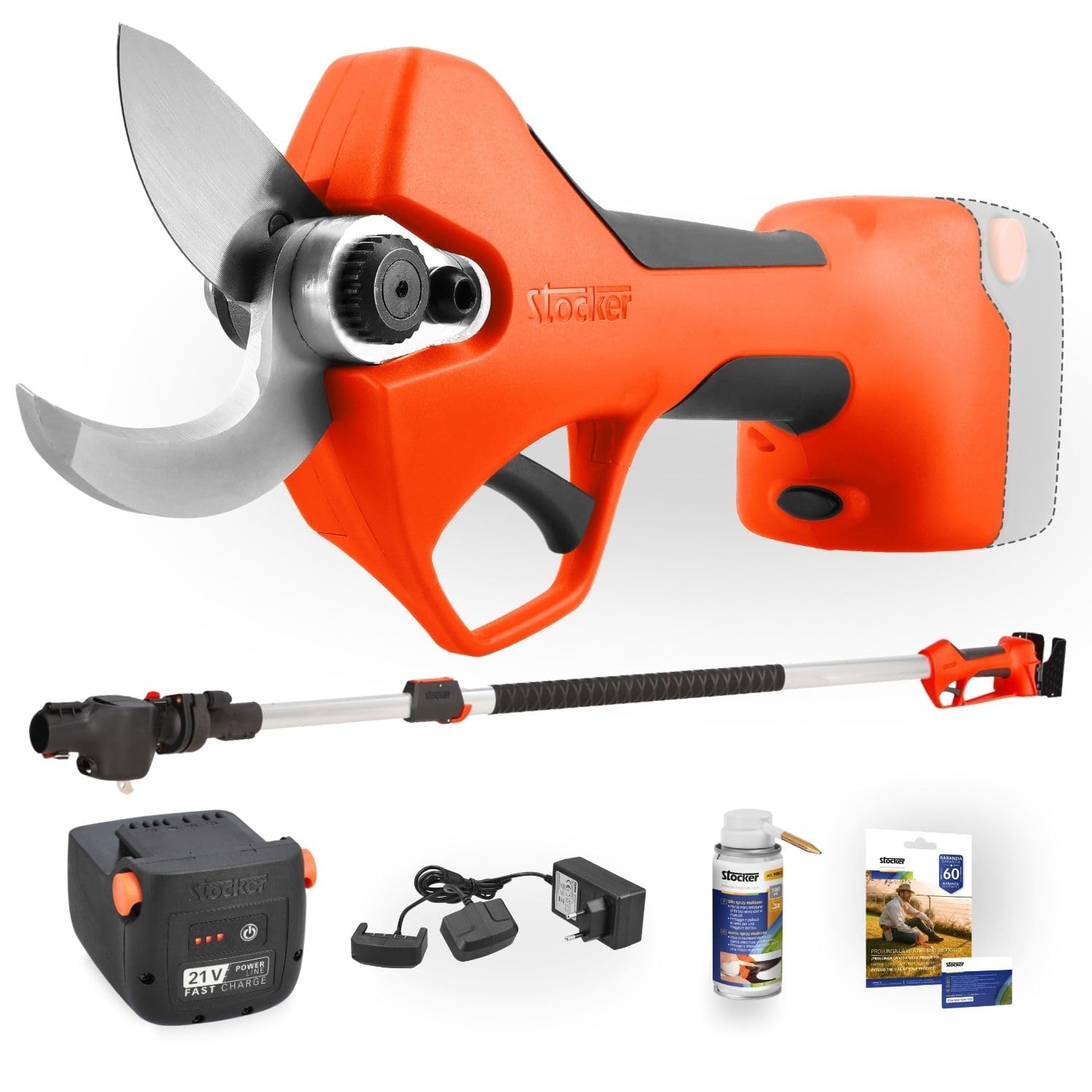 STOCKER - Kit Potatura con Forbice Elettrica Magma E-35 TP 21V, Asta Telescopica Orientabile, Batteria Fast Charge 2,6Ah e Olio Spray – Taglio fino a 35 mm, Garanzia Estendibile fino a 5 Anni