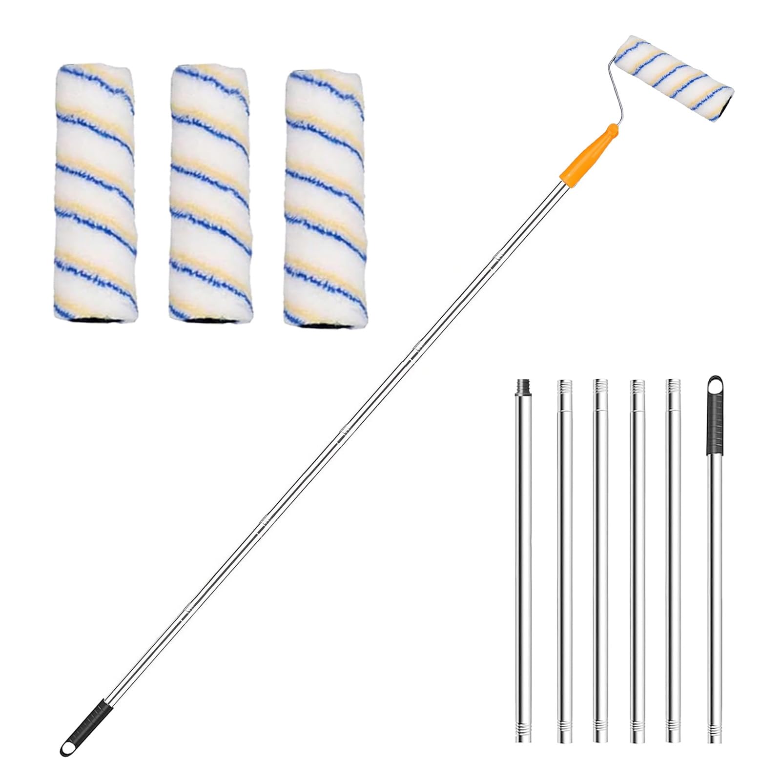 8FT Paint Roller Extension Pole, Paint Roller Set 3Pcs 9Inch Rollers Covers with Handle Stainless Steel Telescopic Detachable Pole Household Wall Painting Tool for Ceiling Windows