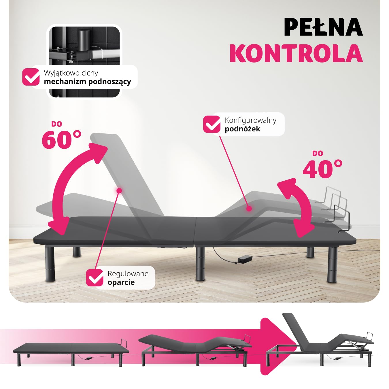 tectake® Elektryczny Stelaż do Łóżka, z Dwoma Mocnymi i Cichymi Silnikami, Regulacja Oparcia i Podnóżka, Sterowanie Pilotem, Wytrzymała Stalowa Konstrukcja, Nogi z Regulacją Wysokości, 90 X 200 cm