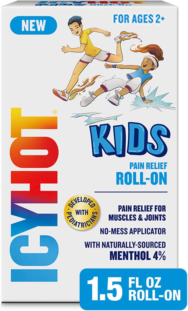 Icy Hot Kids No-Mess Pain Relief Roll-On Liquid with Naturally-Sourced Menthol 4%, Developed with Pediatricians, 1.5 oz.