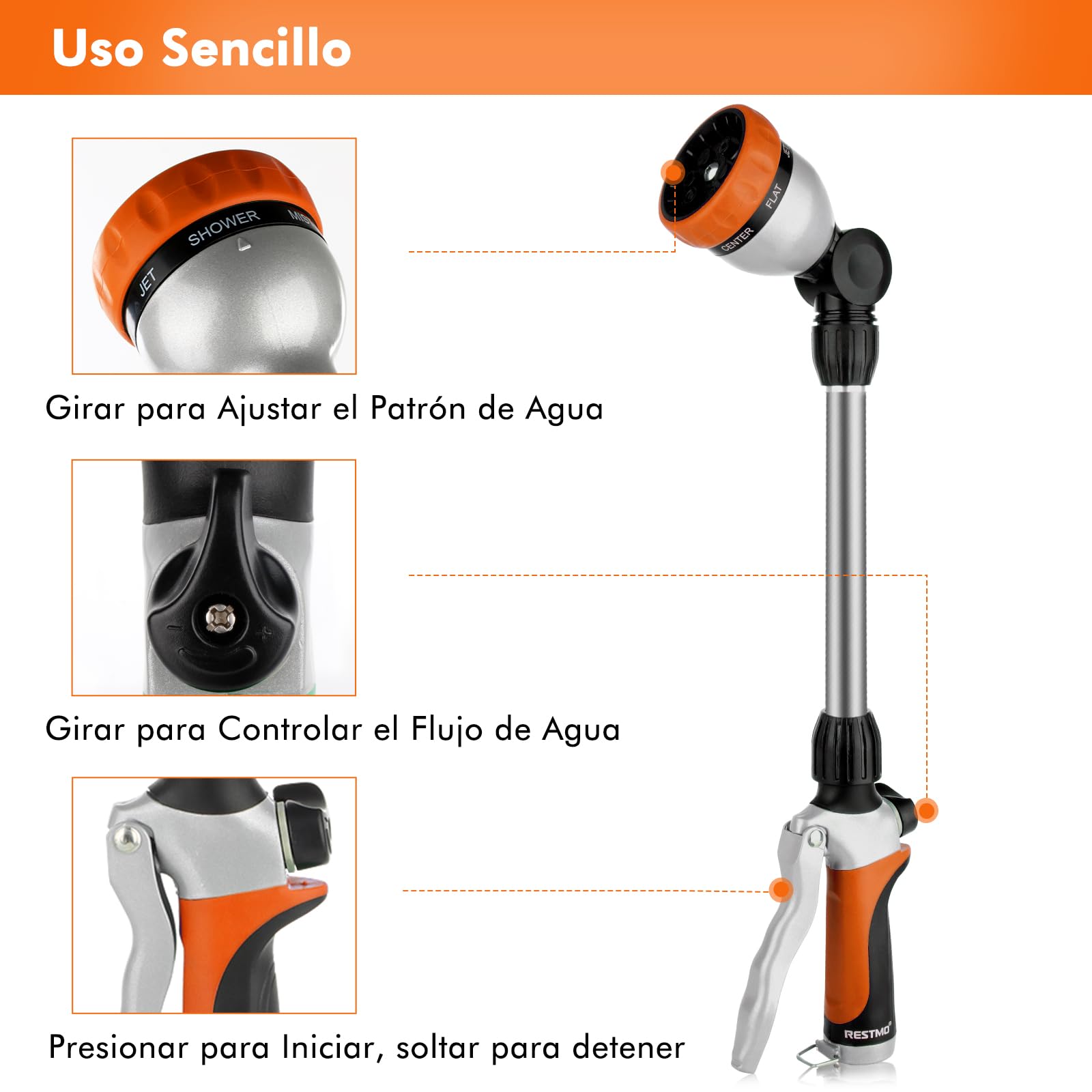 RESTMO 42 cm Largo Pistola de Riego de Metal, Lanza de Riego para Jardín, 7 Modos de Pulverización Ajustable, Ideal para Macetas Colgantes y Arbustos, Naranja
