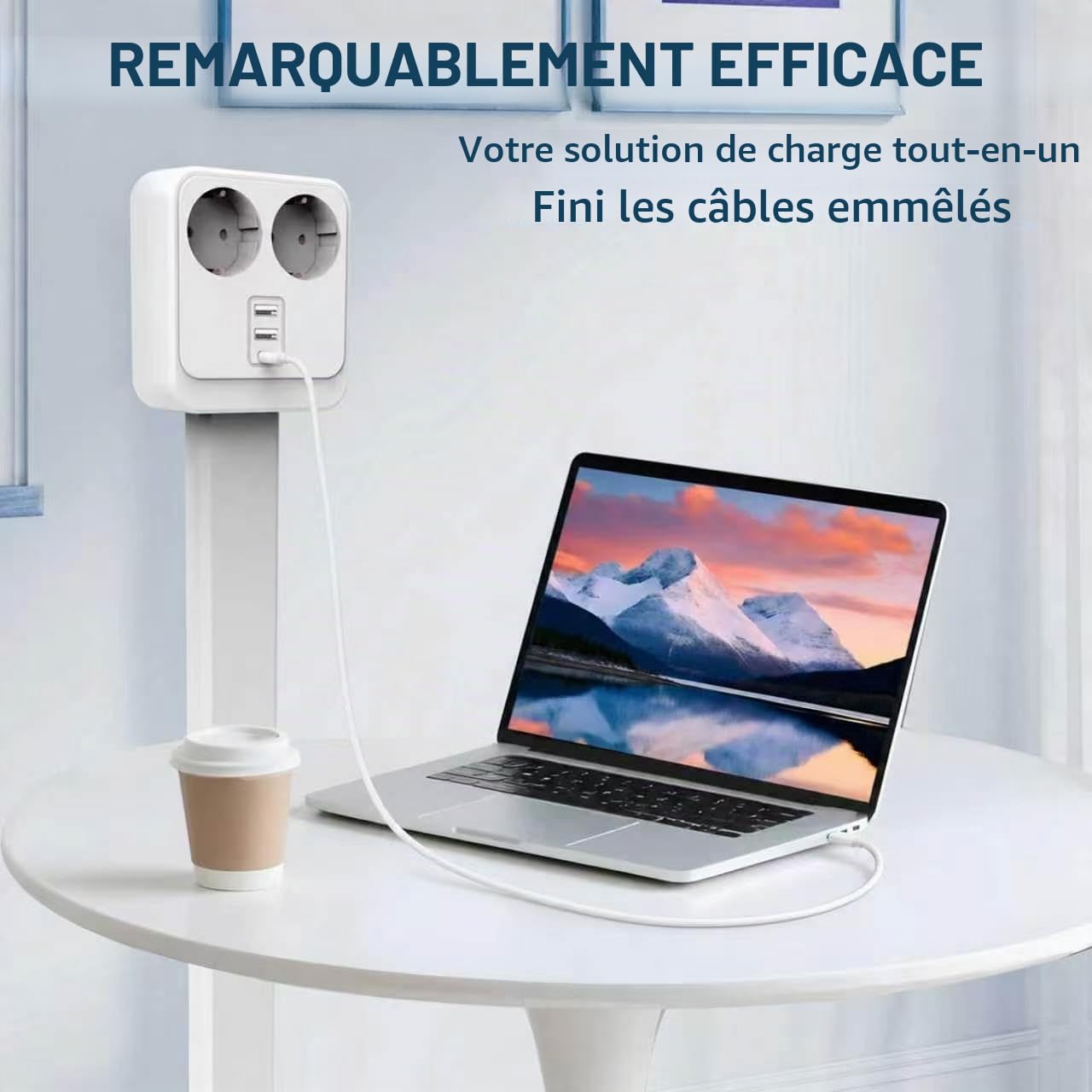 Multiprise Murale Extensible 56-86 cm, Adaptateur Prise 5 en 1 avec USB-C & 2 Prises AC, Tête Rotative 180°, Rallonge Prise Murale Plate pour Canapé, Lit, Bureau - Blanc
