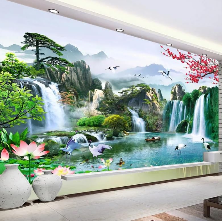 Papier peint panoramique cascade avec effet 3D pour arrière-plan TV