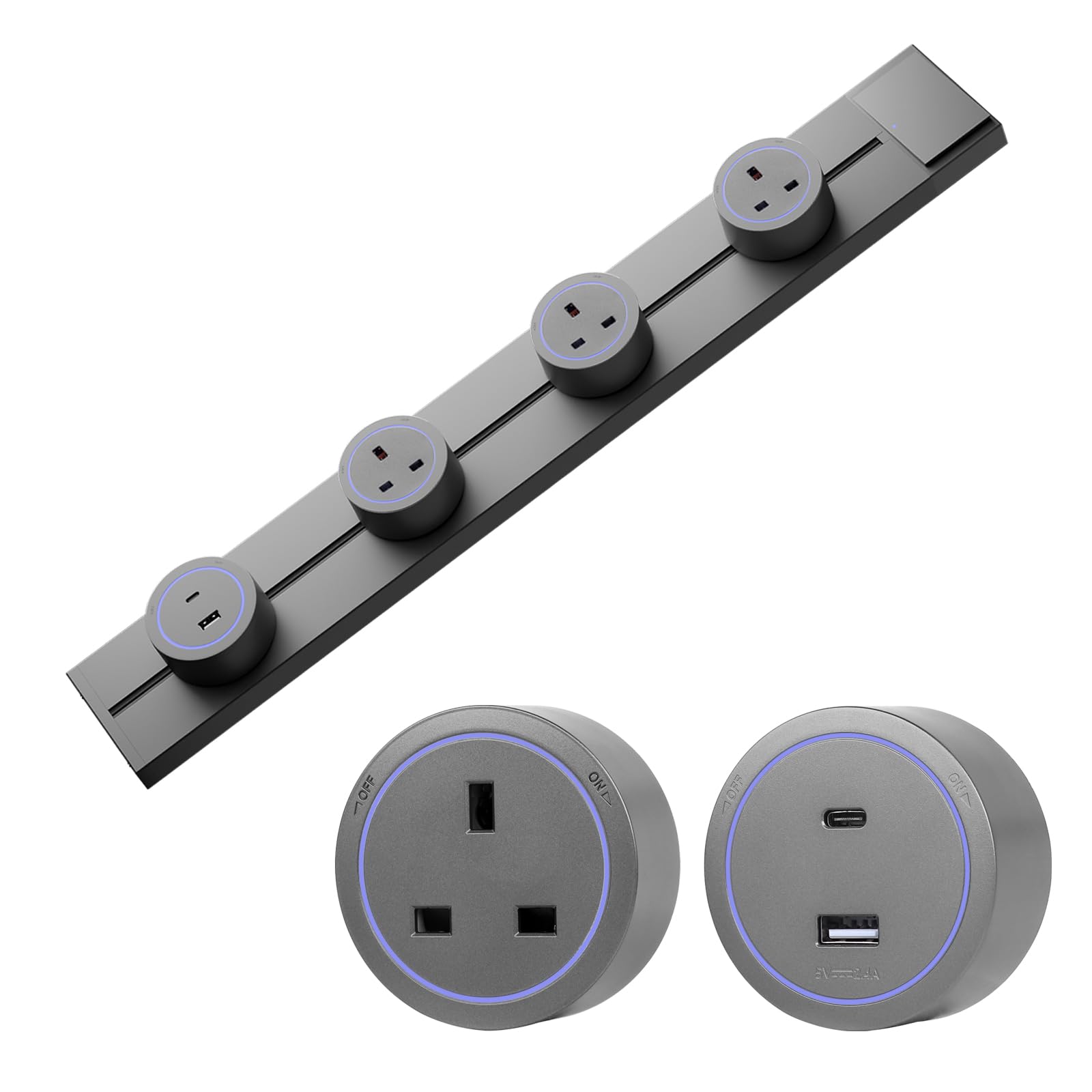 CNBINGO Toma de pista, enchufes eléctricos con 4 adaptadores, riel de enchufe de pared de 60 cm con interruptor para hogar, oficina, cocina, color gris
