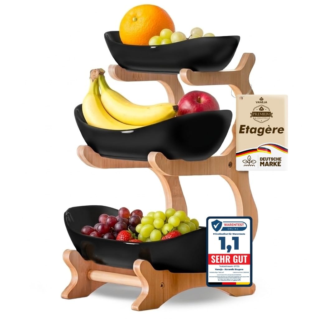 VANEJA® Obst Etagere 3 stöckig SCHWARZ KERAMIK mit Bambusständer, Servierständer für Obst Snacks Gebäck, elegante Schalenständer Obstschale modern für Küche und Wohnzimmer