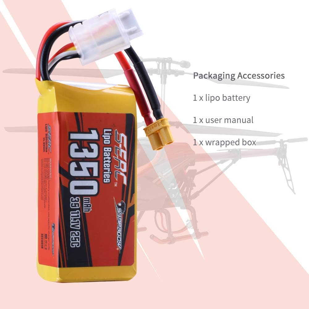 SUNPADOW 11.1V 3S RC Lipo Battery 25C 1350mAh Rechargeable with XT30 Connector for RC Airplane Receiver Aircraft Quadcopter Helicopter Drone FPV (2 Count)