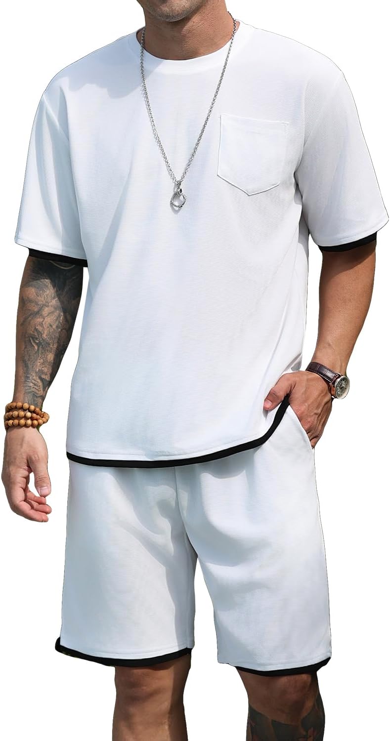 Men’s Fashion 2 Piece Waffle Shirt and Shorts Sets Summer Beach Outfits Casual Tracksuits Set with Pockets