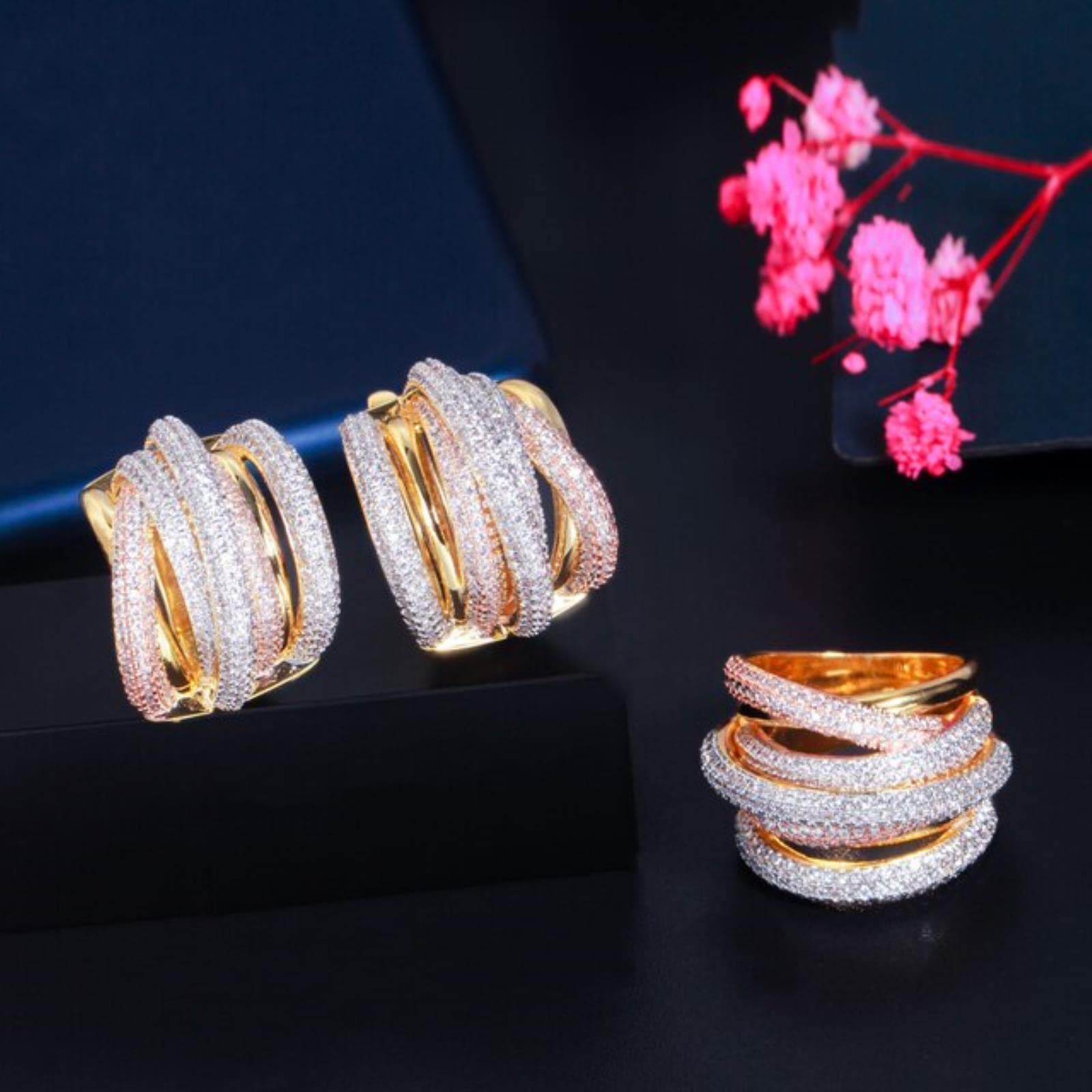 Zirconi Twist Intrecciato Multicolor Cubic Zirconia Donna Festa Nuziale Grande Orecchino A Cerchio E Anello Gioielli Di Moda