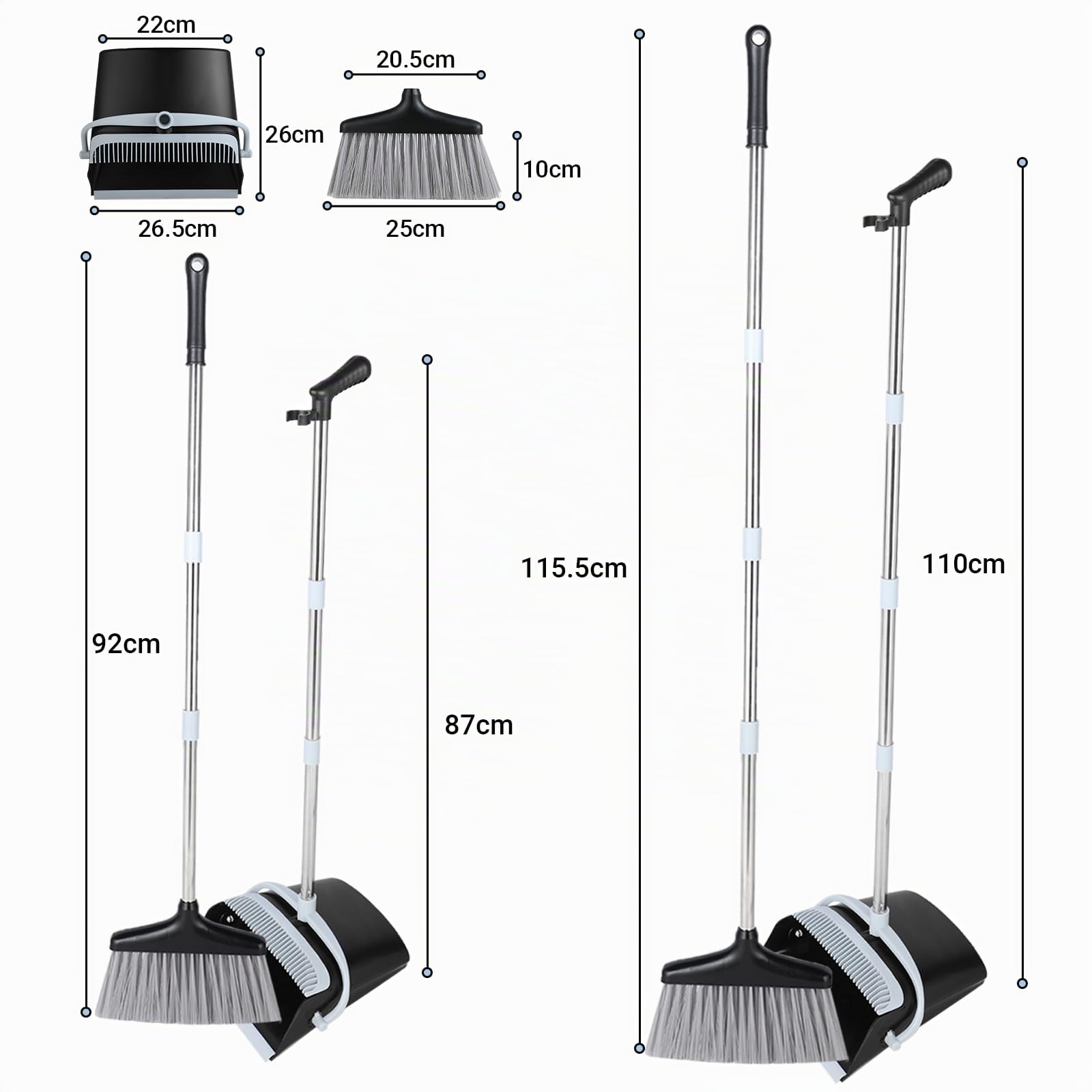 Escoba y Recogedor Plegable 138 cm Plástico Acero Inoxidable Mango Telescópico 8 Piezas Negro Blanco