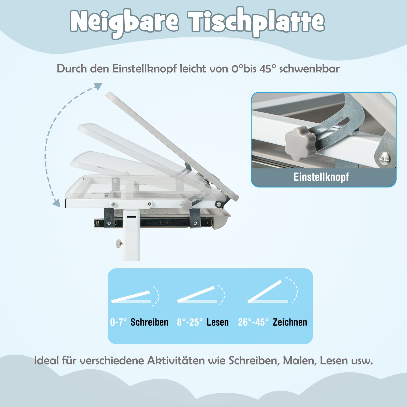 DREAMADE Kinderschreibtisch höhenverstellbar, Schülerschreibtisch Jugendschreibtisch neigungsverstellbar, Schreibtisch Set für Kinder mit Stuhl und Schublade, für Jungs & Mädchen (Grau)