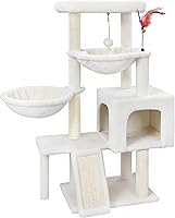 Tuaoeef Cat Tree with Condo, 2 Hammocks, Scratching Posts & Pads - Indoor Cat Tower with Toy Balls, Beige