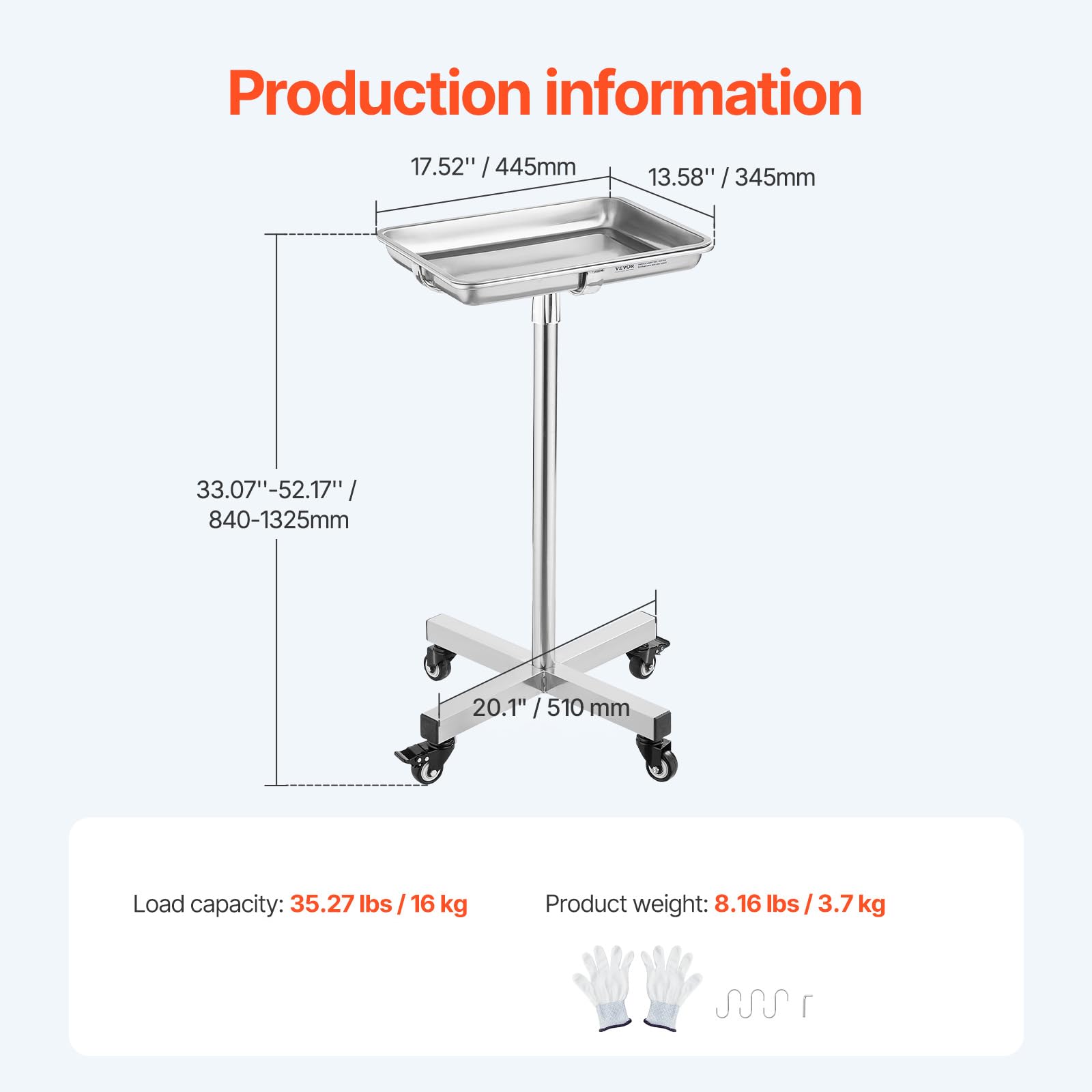 VEVOR Carrello da Laboratorio in Acciaio Inox, Regolabile in Altezza 84-132,5 cm, Carico 16kg