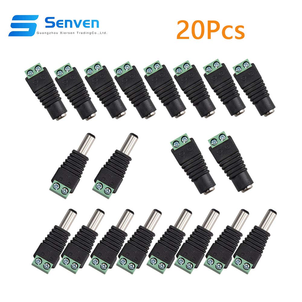 Senven20Pcs Professional 5.5 X 2.1mm DC Connector, 10-Pair Male and Female Socket Kit, 12V DC Socket Power Connector Adapter for CCTV Camera LED Strips