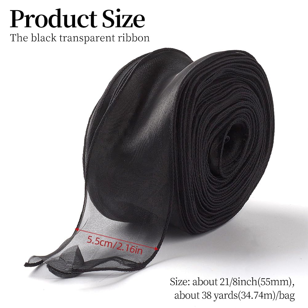 CABODYALS 35M 55mm Black Sheer Ribbon Black Organza Ribbon Transparent Clear Chiffon Tulle Chiffon Wrapping Ribbon for Wrapping Gift Making Craft Wedding Bouquets Invitations Party Decor Supply - Image 2
