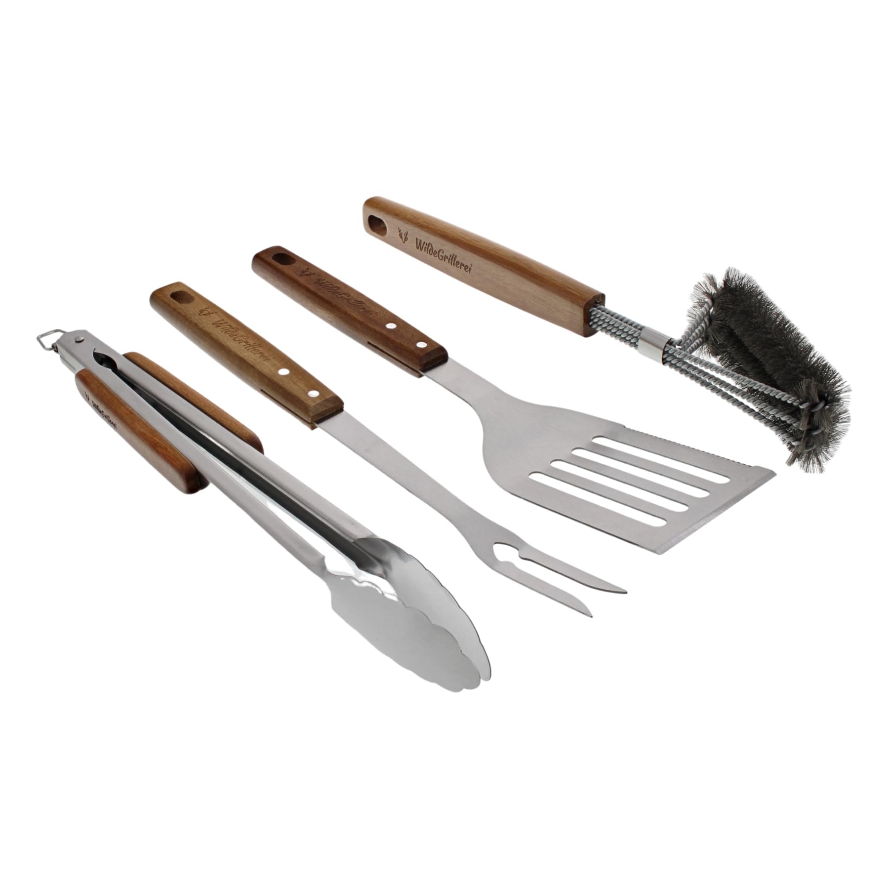 Lot de 4 ustensiles de barbecue en acier inoxydable - Avec poignées en bois et œillets de suspension - Accessoires de barbecue comprenant une pince à barbecue, une brosse à barbecue,