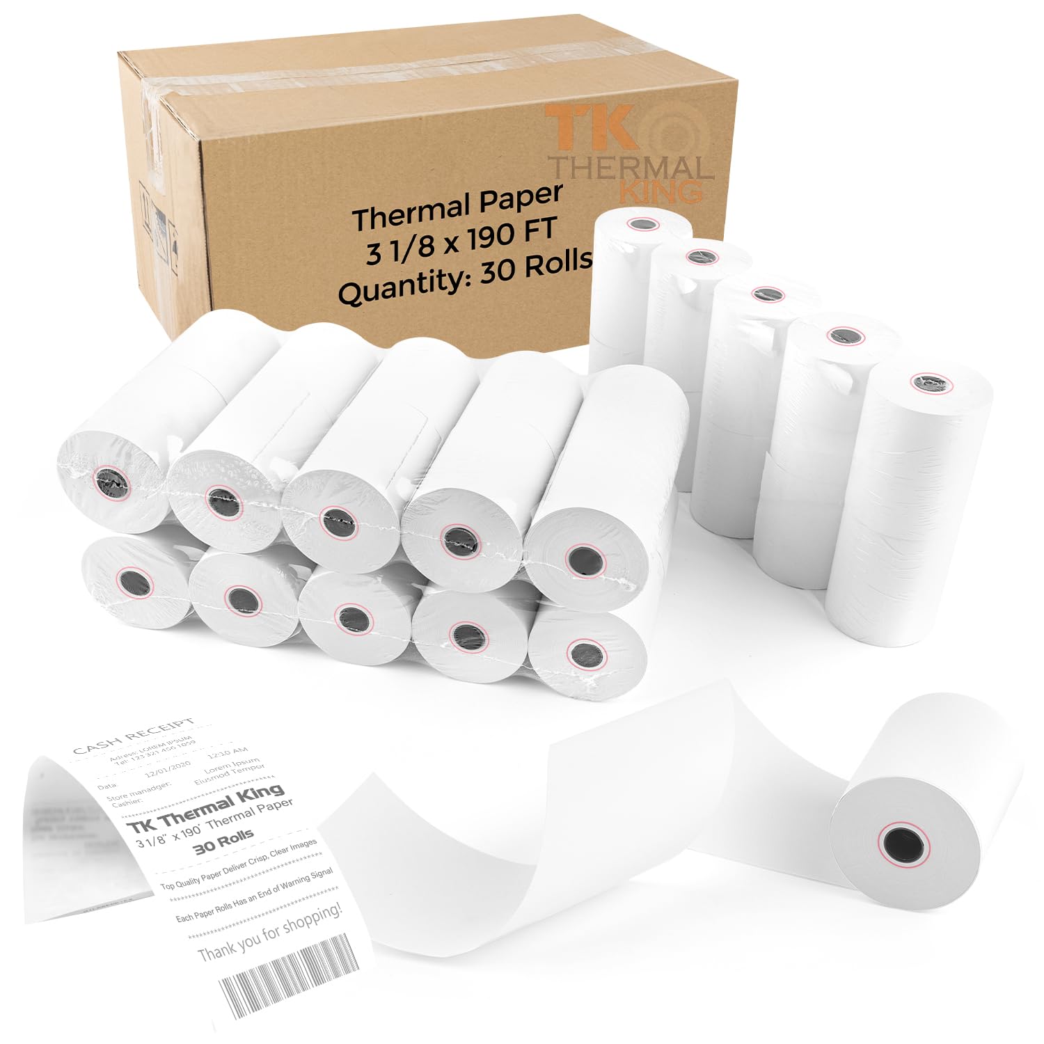 TK Thermal King, (30 Rolls) 3 1/8" x 190' Thermal Paper, POS Receipt Paper for Retail Business Cash Register, Fits Most Credit Card Terminal