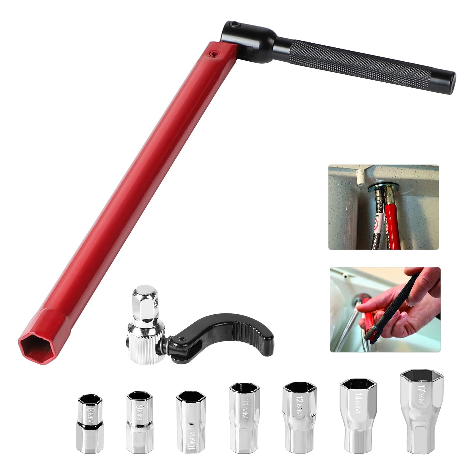 9 Llave para grifo de fregadero Juego de llaves para tuercas de grifo 13 mm Llave para grifo de fregadero Adaptador 8-17 mm herramienta Llave ajustable de fregadero para instalación de grifos