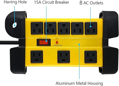 Miniatura 2 de Protector de sobretensiones resistente para electrodomésticos, regleta de alimentación de taller de 8 salidas con 1200 julios, metal con cable de