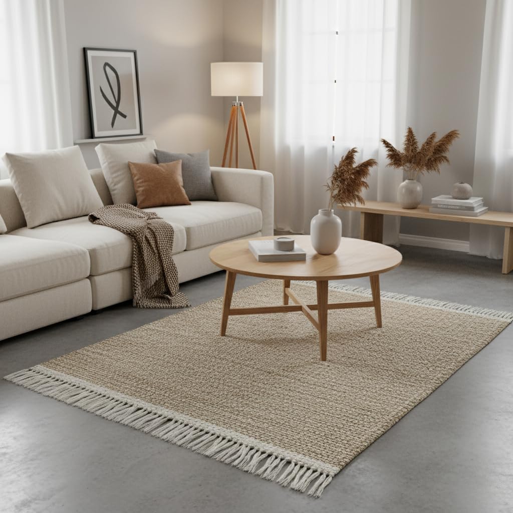 Elegant Floors® Jute-Wolle Teppich Natur | Handgefertigtes Boho Wohnaccessoire mit Fransen im Skandi Stil | Moderner Wohnzimmer Teppich für Boden Deko und Läufer | 70x130 cm