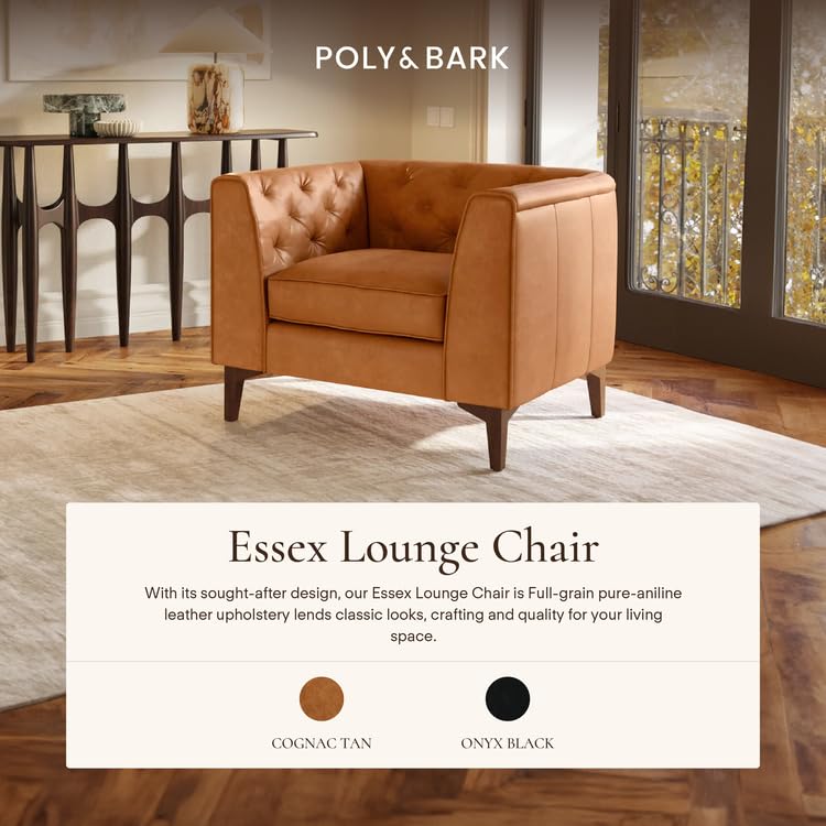 Image of POLY & BARK Essex 40 inch Lounge Chair - Full-Grain Pure-Aniline Italian Leather, Tufted Back & Arms, Feather-Down Cushioning, Walnut Wood Legs - Cognac Tan