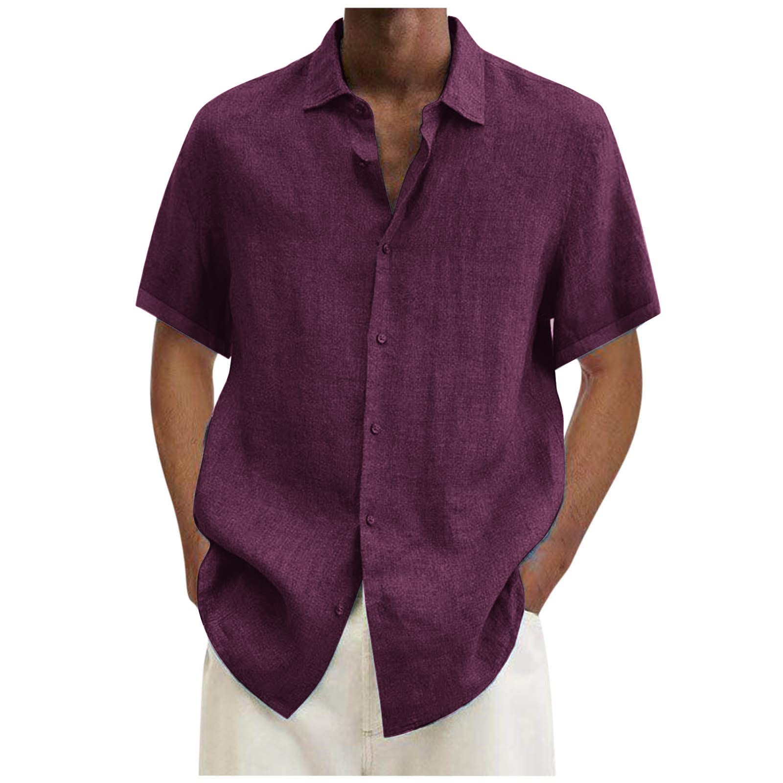 Generic 2024 Camisa de Manga Corta Hombre Algodón y Lino Camiseta Casual Color sólido Cuello Solapa Botones Verano Moda Original T-Shirt Suelto Fiesta Ligero Transpirable Tops Talla Grande tee Comodidad