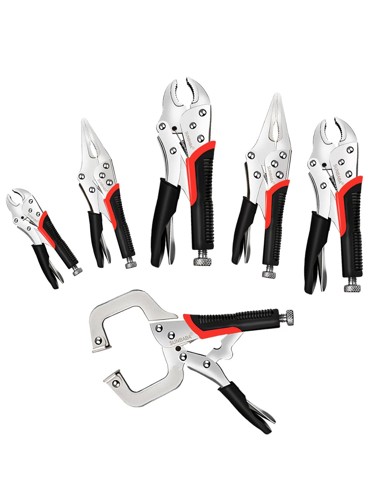 SUNBABA Locking Pliers Set, 6-Piece Vice Grips Pliers Set Long Nose 6-1/2”, 9-1/2” Curved Jaw 5” 7” 10” C-Clamp 6” Adjustable Screw
