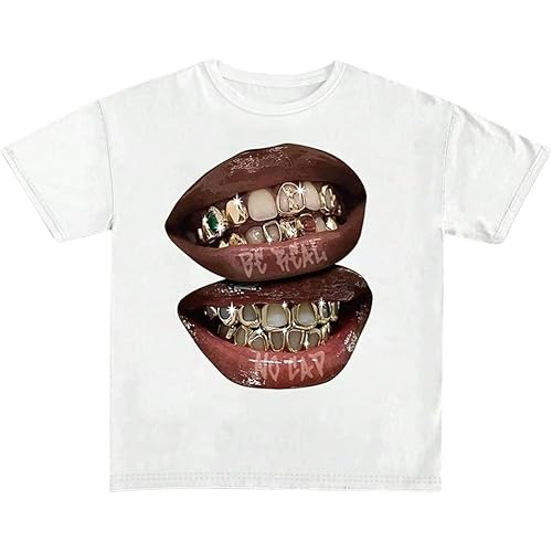 Verdusa Women's Lips Print Graphic Tees Y2k T Shirts Summer Crew Neck Vintage Going Out Tops