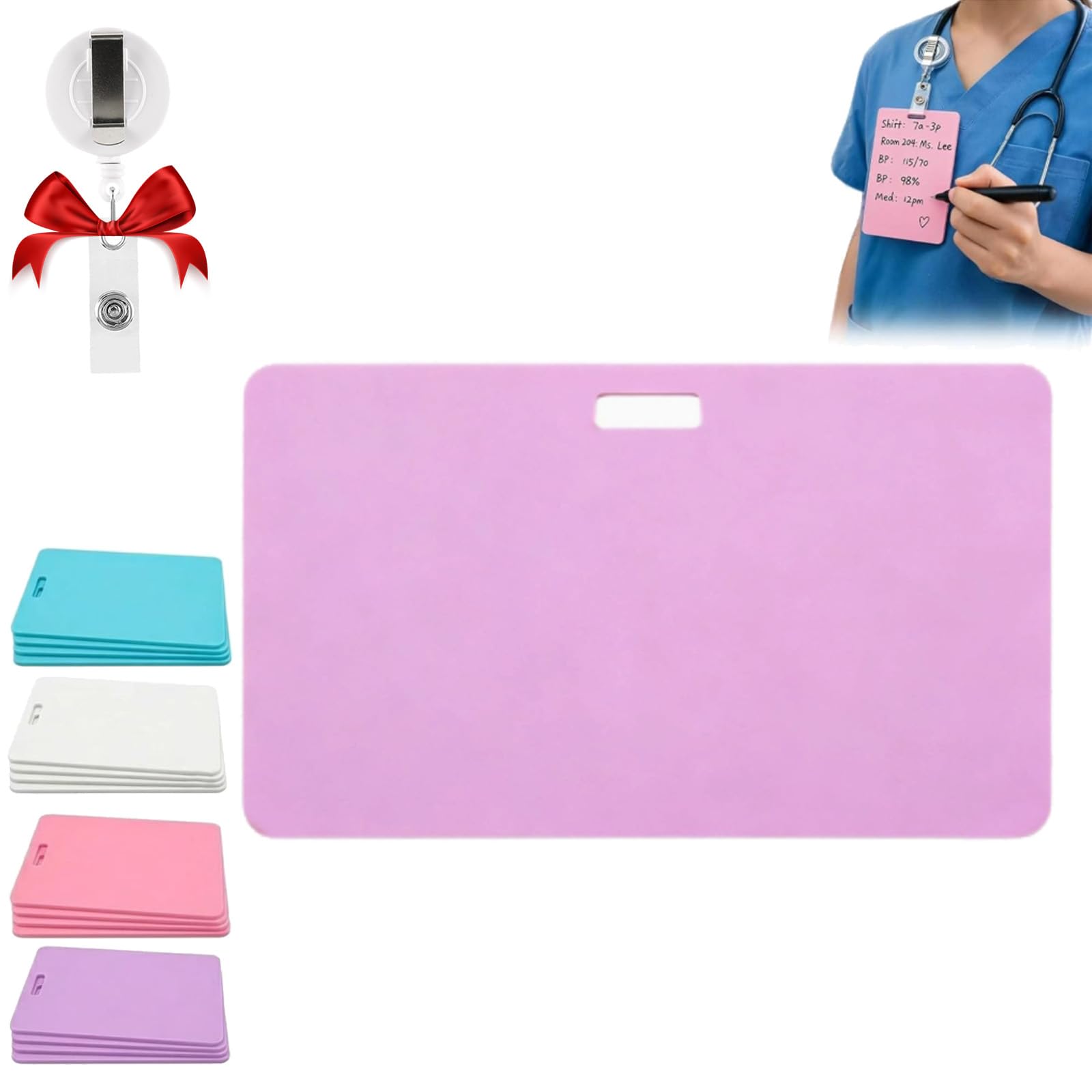 Erasable Badge Note, Mini Erasable Whiteboard for ID Badge, Reusable Silicone Badges Notepad, Ballpoint Pen Write & Alcohol Erasure, Portable for Nurses, Doctors & Teachers (Purple,Horizontal)