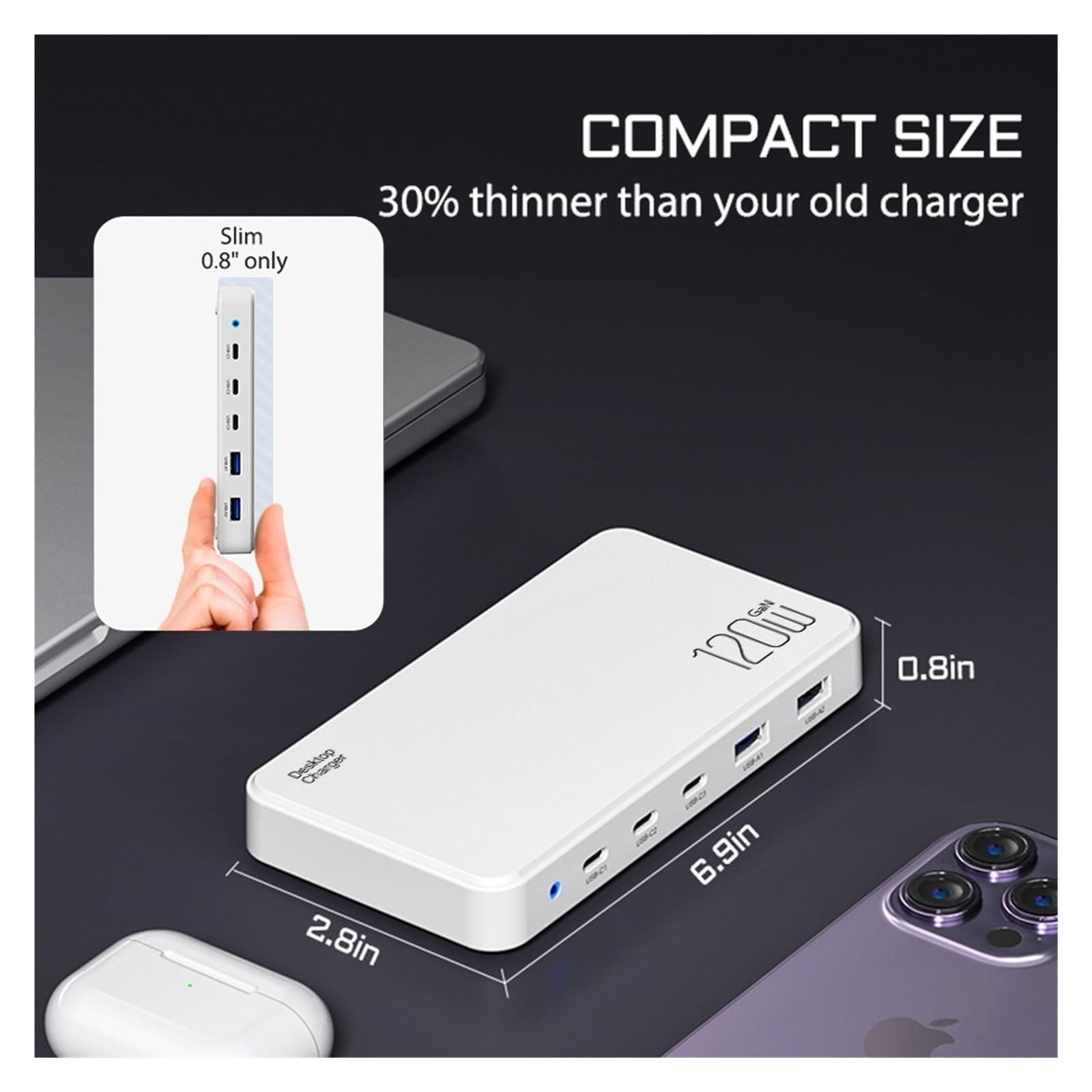 Station De Charge 120W 5 Ports, Chargeur GaN Hub for Plusieurs Appareils Capacité De Charge Rapide
