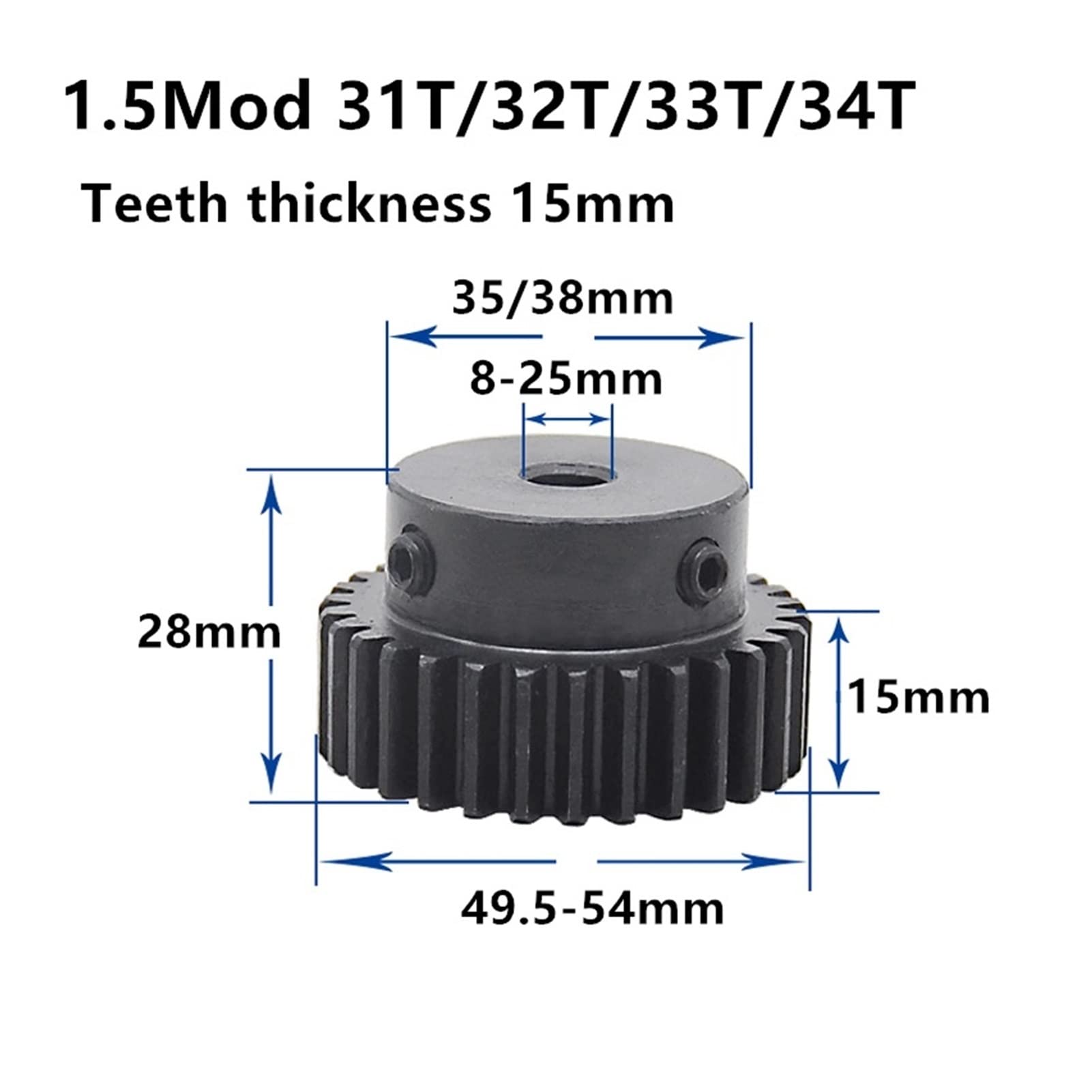 Motorgetriebe aus Aluminiumlegierung, 1,5 m Stirnradritzel 31–34 Zähne, Hochfrequenzschwärzung, 6–14 mm Bohrung, 25 Zahnstange und Abschrägung 12(8mm Bore,33 Teeth)