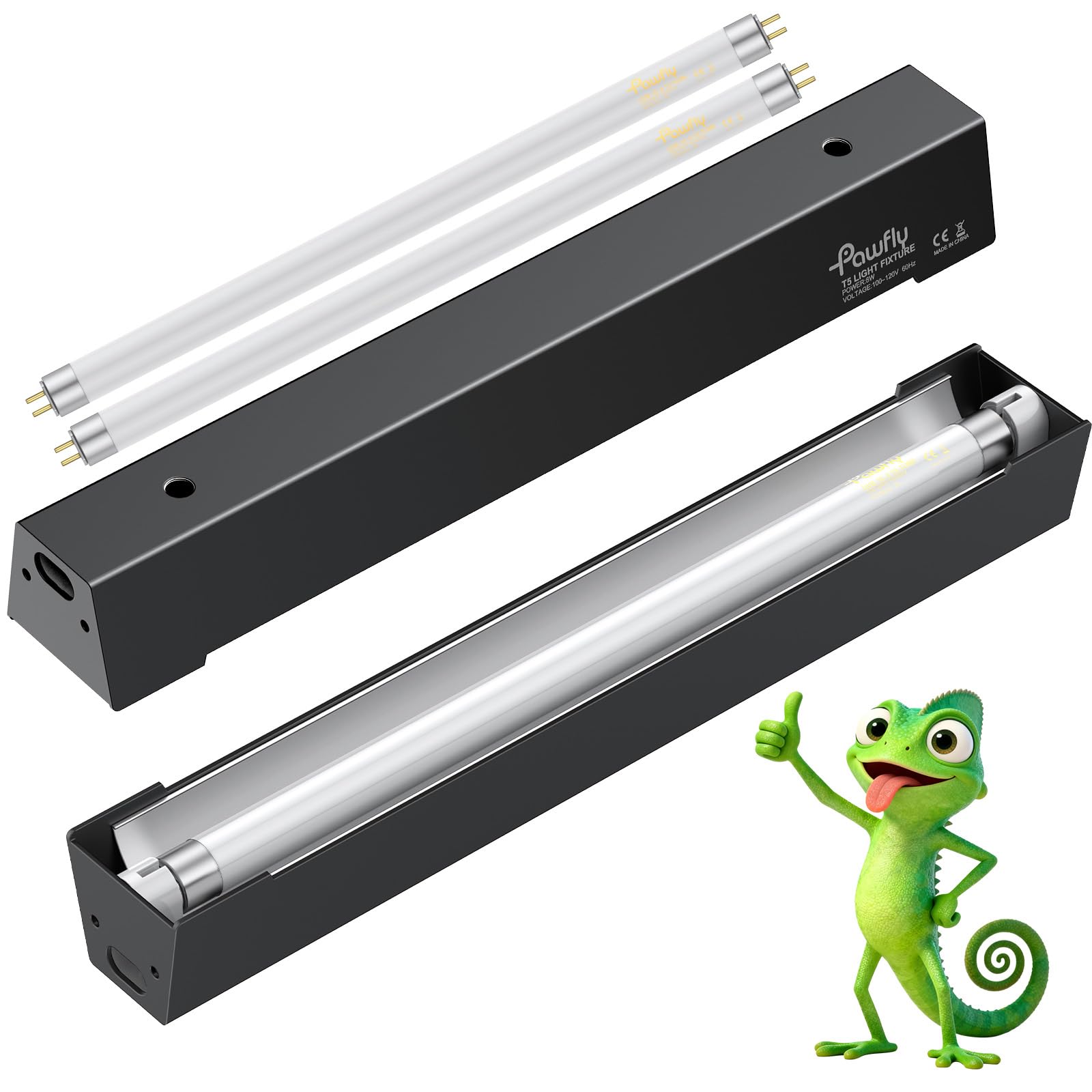 Pawfly T5 Reptile Light Combo Kit with 2 UVB Tubes, 10.0 UVB Light Fixture with Terrarium Hood and 8W Light Tubes for Bearded Dragon, Desert & Tropical Terrariums