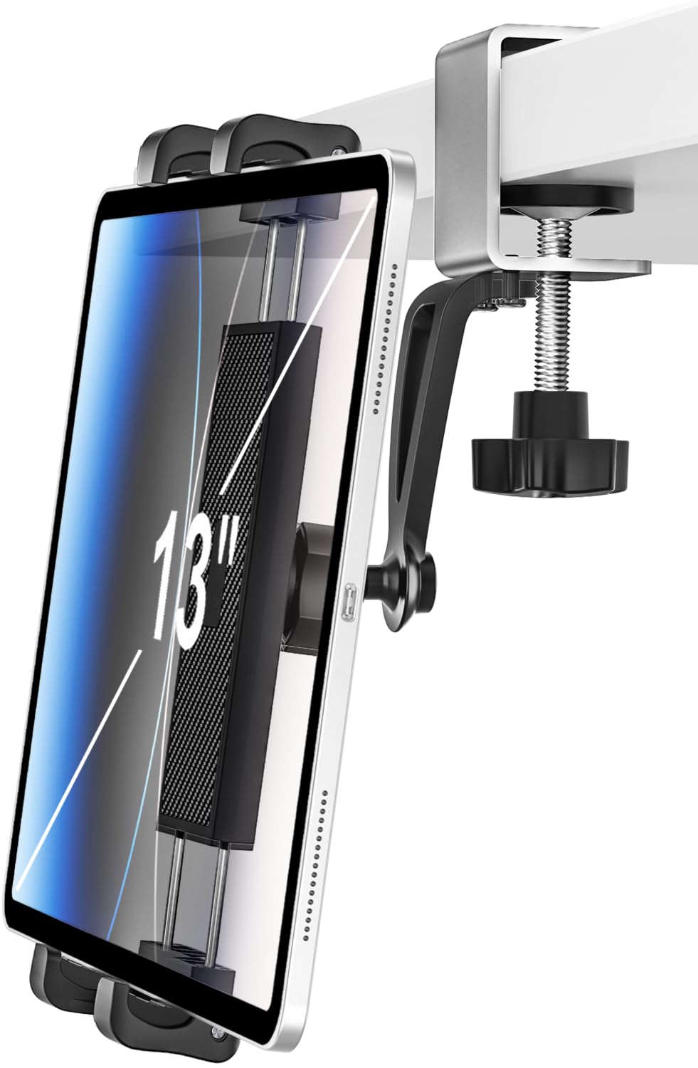 woleyi Under Cabinet Tablet Mount, Kitchen iPad Holder for Desk/Shelf/Board/Chair, 360° Adjustable Metal Clamp Stand for iPad Pro Air Mini, Galaxy