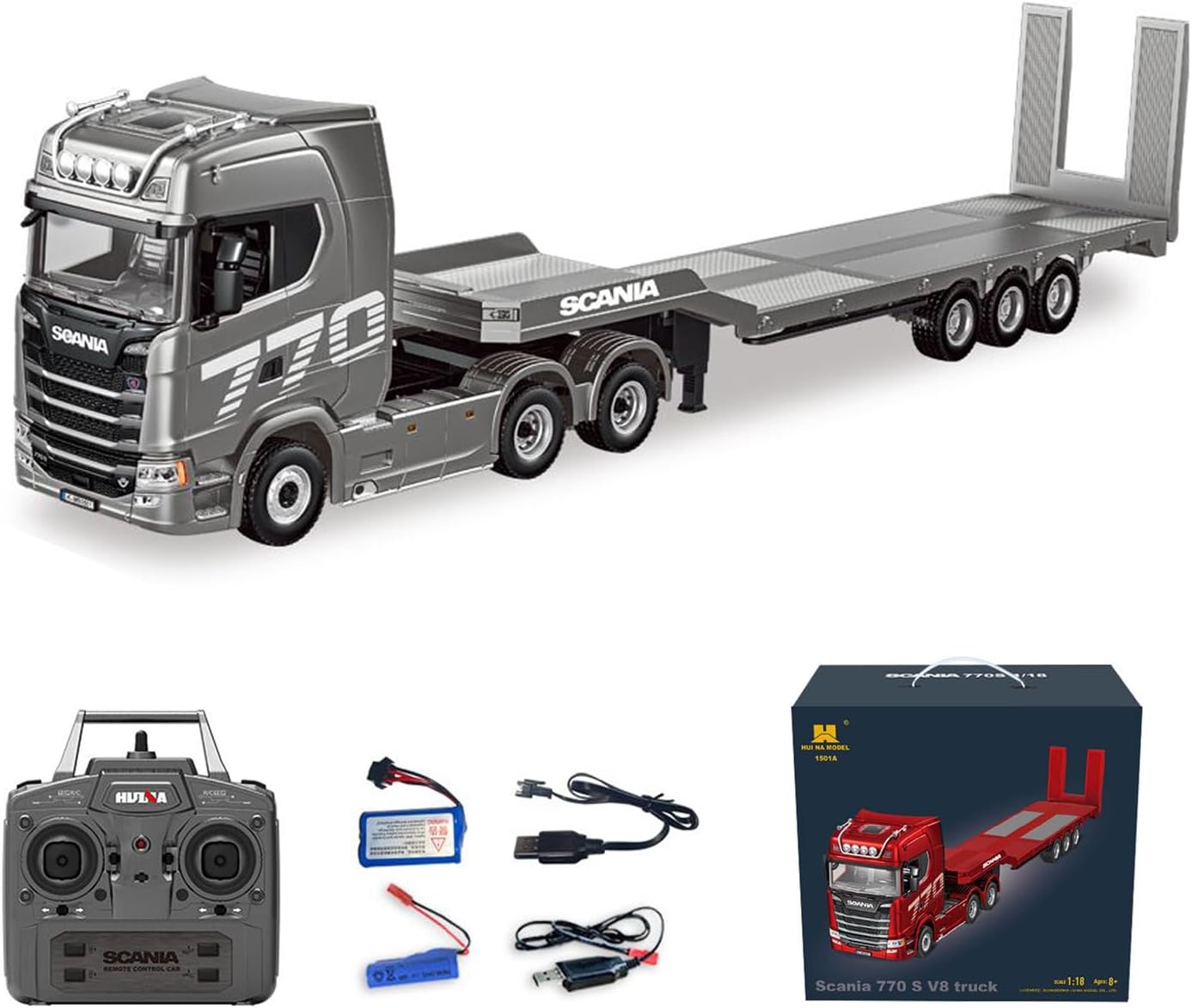 770S 1/18 Remote Control Tractor Truck 770S Electric Support Legs Tail Board 3Axle Plastic Semi Flatbed Trailer RTR Light System for Ages 14+(Red)