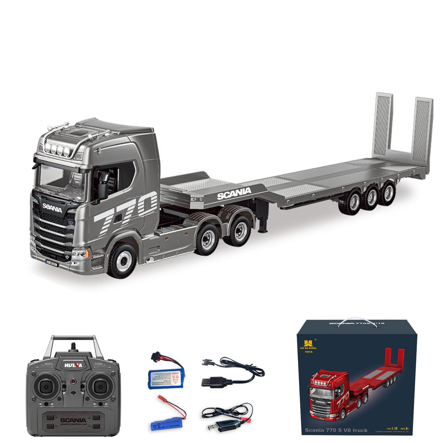 Scania 770S 1501A 1/18 RC 6x4 Tracteur Camion Tracteur 19 Fonctions 3 essieux Plastique Semi-remorque à Plat Système d'éclairage et de Son Télécommande 2,4G Gris