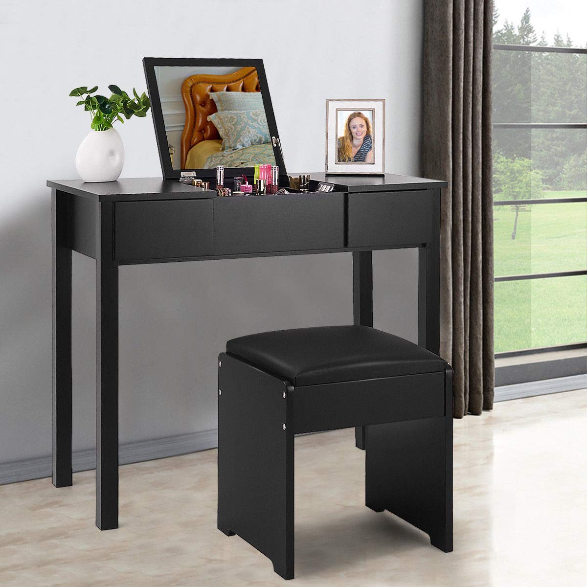 Casart Bathroom Vanity Dressing Table with Flip Top Mirror 2 Drawers 3 Removable Organizers (Black)
