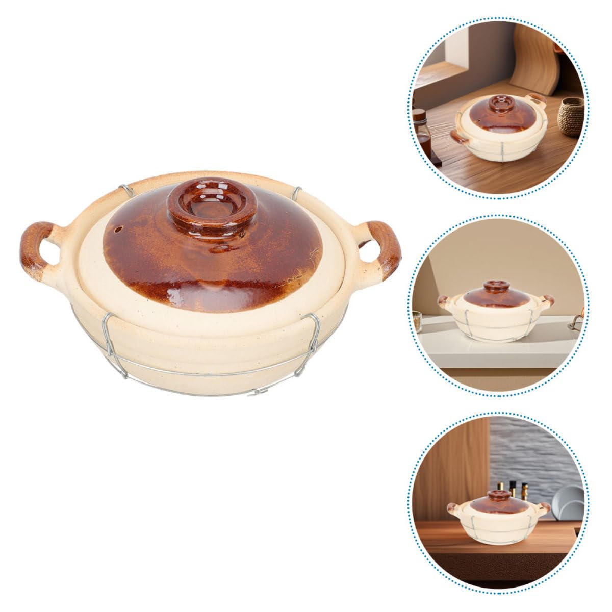 Olla de Barro Beige con Tapa para Cocinar en Casa, Preparación Individual con Mango Seguro, Paquete de 2 Piezas Adecuado para Sopas y Estofados