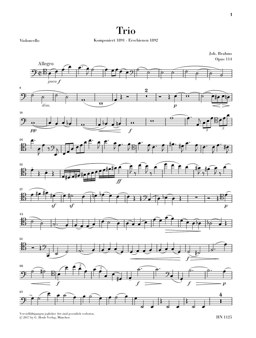 Klarinettentrio a-moll op. 114 für Klavier, Klarinette (Viola) und Violoncello; revidierte Ausgabe: Klarinette (Viola), Violoncello und Klavier