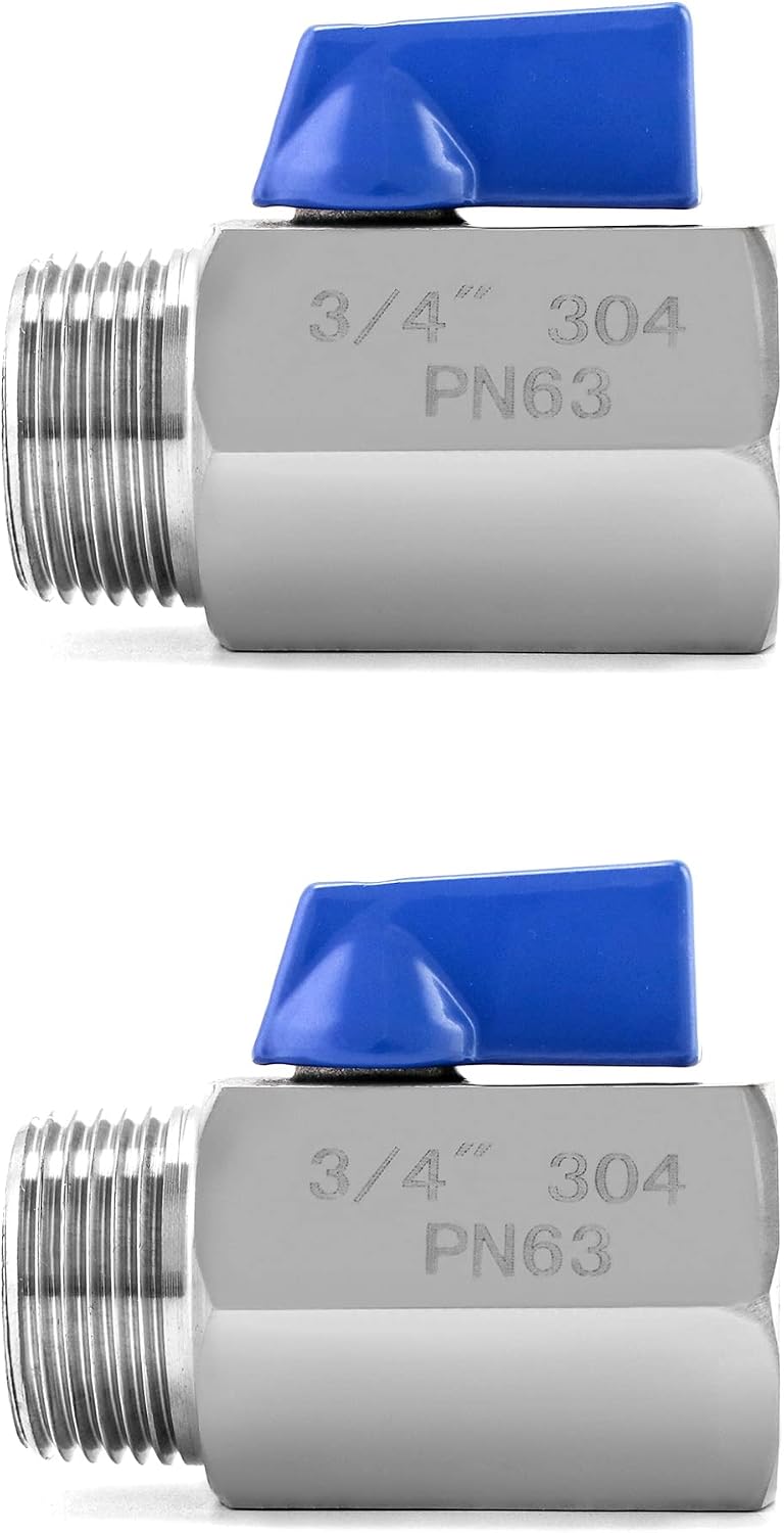 QWORK Mini Ball Valve, 2 Pack 3/4" Thread Female and Male 304 Stainless Steel Shut-Off Valves